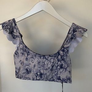 BeachRiot sports bra with beautiful blue floral watercolor design.